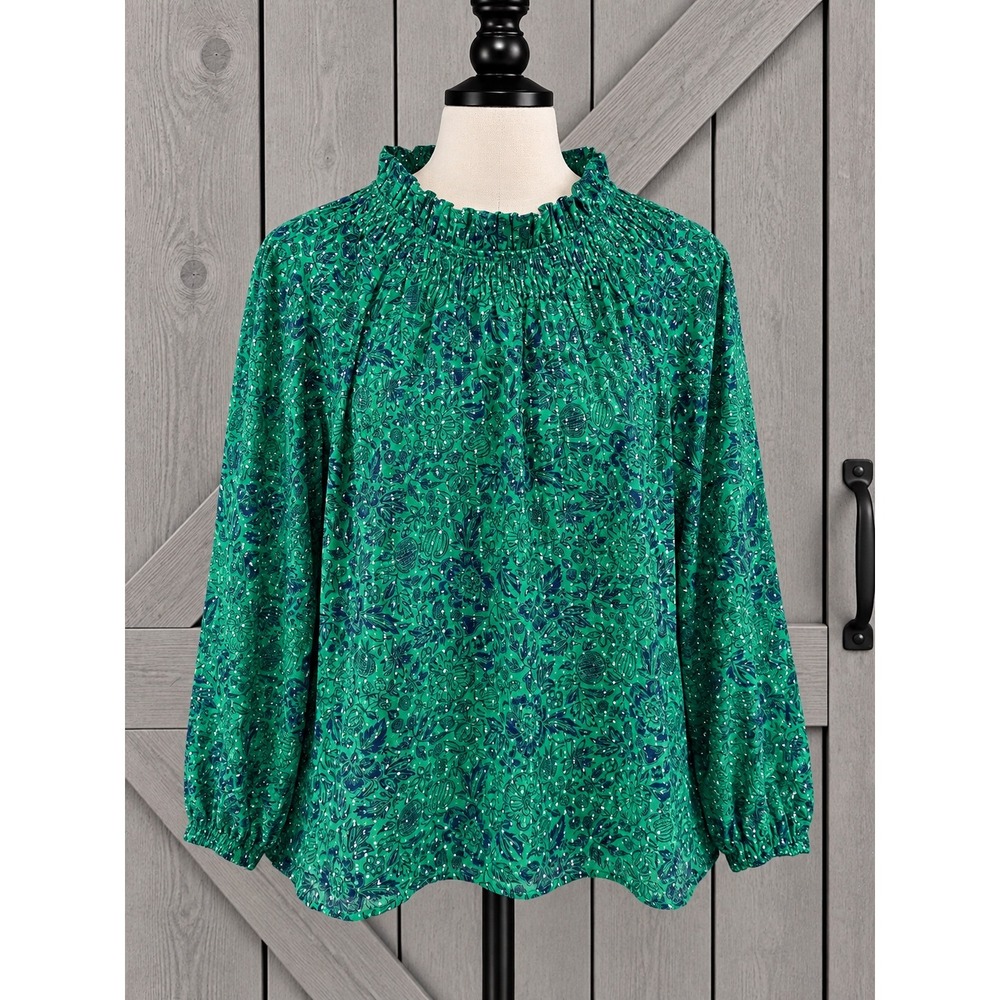 Talbots Blouse XS Green Floral Smocked Mock Neck Lurex Shimmer Cotton